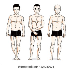 Handsome men group standing in black underwear. Vector characters set.