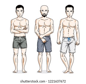 Handsome men group standing with perfect body, wearing beach shorts. Vector different people characters set.