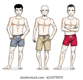 Handsome men group standing with perfect body, wearing beach shorts. Vector different people characters set. Lifestyle theme male characters.