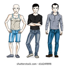 Handsome men group standing wearing fashionable casual clothes. Vector set of beautiful people illustrations.