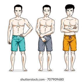 Handsome men group standing wearing beach shorts. Vector different people characters set. Lifestyle theme male characters.
