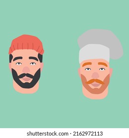 Handsome Men male face head. Beard, Moustache. Chef, Forestman, Hippster. Illustration. Ginger, RedHead, Modern illustration. Vintage vibe. Avatar