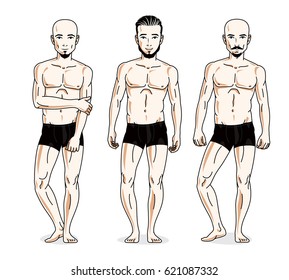 Handsome men posing in black underwear. Vector people illustrations set.