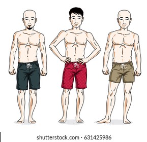 Handsome men posing in colorful beach shorts. Vector characters set.