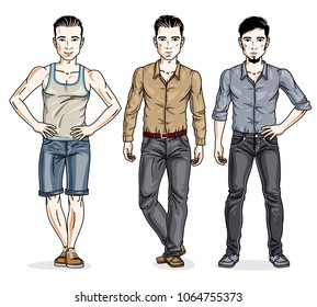 Handsome men posing in stylish casual clothes. Vector diverse people illustrations set. Lifestyle theme male characters.