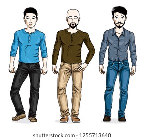 Handsome men posing in stylish casual clothes. Vector diverse people illustrations set. Lifestyle theme male characters.