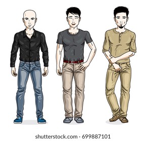 Handsome men posing in stylish casual clothes. Vector diverse people illustrations set. Lifestyle theme male characters.
