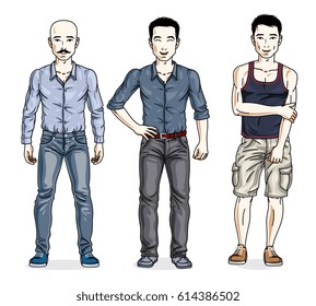 Handsome men posing wearing casual clothes. Vector diverse people illustrations set.