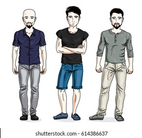 Handsome men posing wearing casual clothes. Vector diverse people illustrations set. Lifestyle theme male characters.