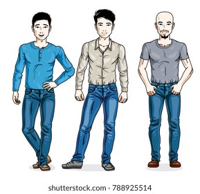 Handsome men posing wearing casual clothes. Vector diverse people illustrations set. Lifestyle theme male characters.