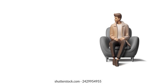 Handsome men sitting in a chair 3d render illustration, luxury fashion relaxed modern armchair