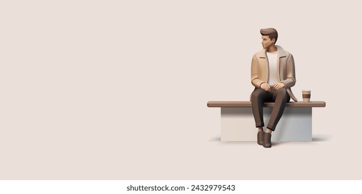 Handsome men sitting on a bench with cup of coffee, 3d render illustration in brown colors