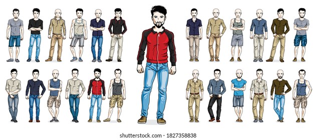 Handsome men in sport wear standing and posing vector illustrations big set isolated on white, attractive gorgeous males in full length people characters collection slim perfect athletic body.