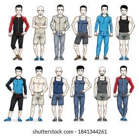 Handsome men in sport wear standing and posing vector illustrations big set isolated on white, attractive gorgeous males in full length people characters collection slim perfect athletic body.