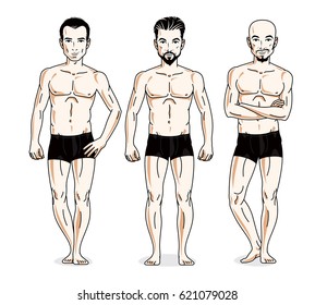 Handsome men standing in black underwear. Vector set of beautiful people illustrations.