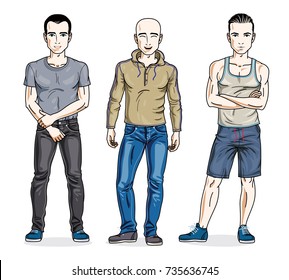 Handsome men standing in stylish casual clothes. Vector different people characters set. Lifestyle theme male characters.