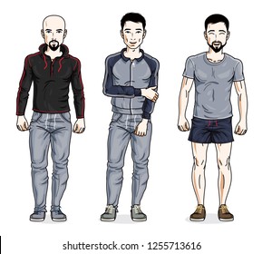 Handsome men standing in stylish sportswear, sportsman and fitness people. Vector different people characters set.