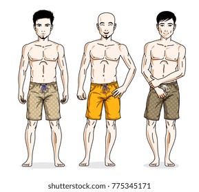 Handsome men standing wearing beach shorts. Vector people illustrations set. Lifestyle theme male characters.