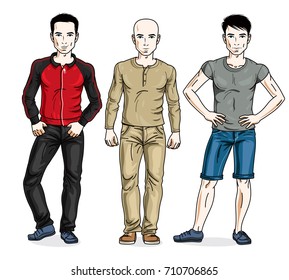 Handsome men standing wearing fashionable casual clothes. Vector different people characters set. Lifestyle theme male characters.