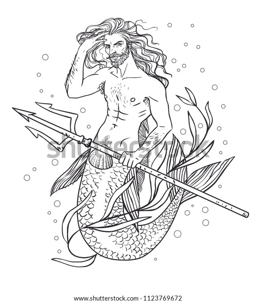 Handsome Merman Hand Drawn Vector Illustration Stock Vector (Royalty ...