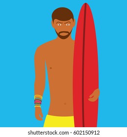 handsome modern cool brown Brazilian surfer cartoon shirtless or without shirt. With swimming trunks and with surfboard at the beach with colorful Bracelets illustration on blue a background