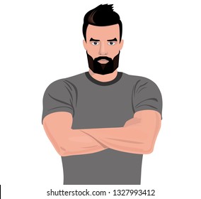 Handsome muscular, bearded young man in a t-shirt, folded his arms across his chest.