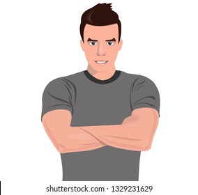 Handsome muscular, bearded young man smiles in a t-shirt, folded his arms across his chest.