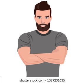 Handsome muscular, bearded young man smiles in a t-shirt, folded his arms across his chest.