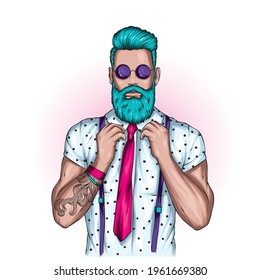 Handsome muscular guy with stylish hair, beard and tattoos. Hipster. Fashion and style, clothing and accessories.