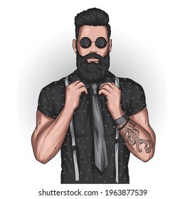 Handsome muscular guy with stylish hair, beard and tattoos. Hipster. Fashion and style, clothing and accessories.