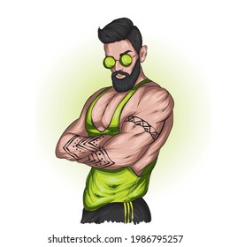 Handsome muscular guy in a stylish T-shirt and glasses.