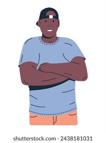 Handsome Muscular Man with Folded Arms Across Chest. Fit Man in Casual Outfit Crossed Hands. Sportsman Male Character Posing in T-Shirt and Jeans. Sport Lifestyle, Activity. Flat Vector Illustration