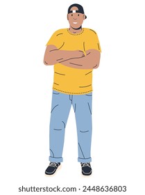 Handsome Muscular Man with Folded Arms Across Chest. Fit Man in Casual Outfit Crossed Hands. Sportsman Male Character Posing in T-Shirt and Jeans. Sport Lifestyle, Activity. Flat Vector Illustration