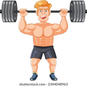 Handsome muscular man lifting weights in a vector cartoon illustration