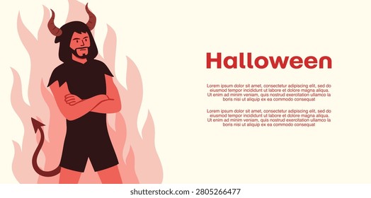 handsome muscular man in red devil costume with flames