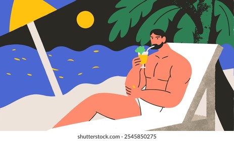 Handsome muscular man tasting bold cocktails at the beach