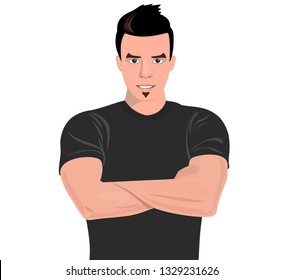 Handsome muscular, young man smiles in a t-shirt, folded his arms across his chest.