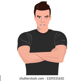 Handsome muscular, young man winks and smiles, in a t-shirt, folded his arms across his chest.
