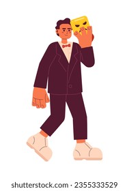 Hermoso hombre musulmán de carácter vector de color semiplano. Cara editable de portada de actor de cuerpo completo con máscara de tragedia en blanco. Ilustración simple de dibujos animados para el diseño gráfico web