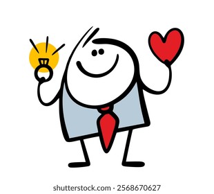 Handsome, nice man in  business suit came on a date, brought  diamond ring and  red heart. Vector illustration of businessman who decided to get married. Isolated cartoon person on white backgrond.