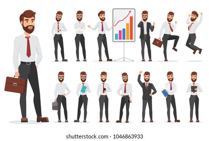 Handsome office businessman character different poses design. Vector cartoon man illustration.