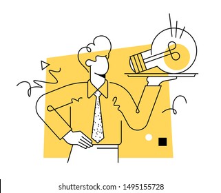 Handsome office worker holding a huge light bulb. Search for ideas and brainstorm concept. Modern vector illustration.
