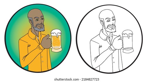 Handsome old black man with a big beer glass in his hand inside a yellow and green circle. Vector illustration with white background.