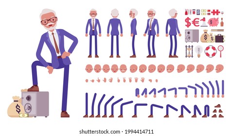 Handsome old man, elderly businessman construction set. Bossy senior manager, gray haired active person above 50 year, business objects. Cartoon flat style infographic illustration, different emotions