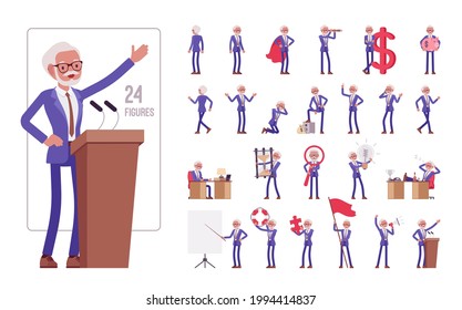 Handsome Old Man, Elderly Businessman Character Set, Pose Sequences. Bossy Senior Manager, Gray Haired Active Person Above 50 Year, Employee. Full Length, Different Views, Gestures, Emotions, Position