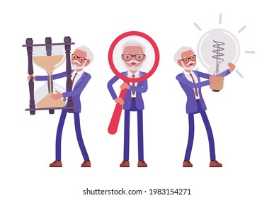 Handsome old man in formal suit with sand clock, lamp. Bossy senior manager, gray haired active person above 50 years. Vector flat style cartoon illustration isolated on white background