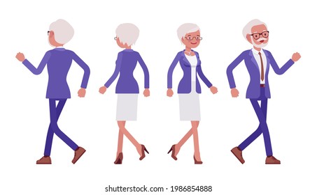 Hombre viejo, mujer, ancianos hombres de negocios con traje elegante caminando. Jefe superior, personas de pelo gris mayores de 50 años. Ilustración de dibujos animados de estilo plano vectorial aislados en fondo blanco