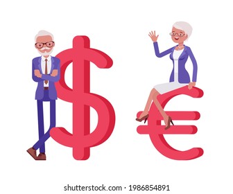 Handsome old man, woman elderly businesspeople with giant dollar, euro sign. Bossy senior manager, gray haired persons above 50 years. Vector flat style cartoon illustration isolated, white background