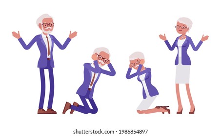 Handsome old man, woman, elderly businesspeople in elegant suit, knelt. Bossy senior manager, gray haired persons above 50 years. Vector flat style cartoon illustration isolated on white background