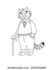 Handsome old tiger character isolated on white, vector